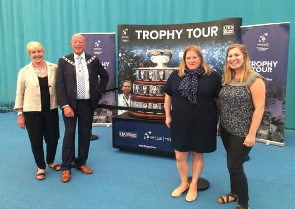 The Davis Cup trophy at  Portsmouth Tennis Centre. From left, cabinet member for culture, leisure and sport Cllr Linda Symes, deputy Lord Mayor Ken Ellcome, council leader Donna Jones and Zoe Bambridge from the Lawn Tennis Association