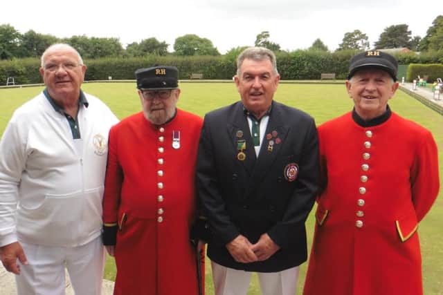 From left, Paul Kennington, social secretary of Denmead Bowling Club, Chelsea Pensioner Don Avery, Mike Wright, Denmead Bowling Club captain and Chelsea Pensioner Bill Posnett
Picture: Danny Randon
