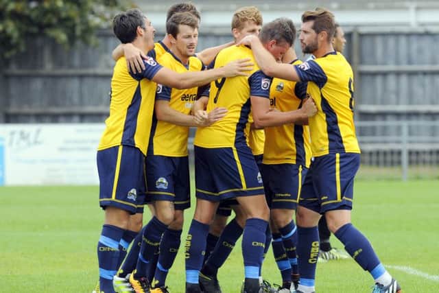 Gosport celebrate Warren Bentley's goal against Ebbsfleet. Picture: Malcolm Wells
