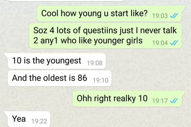 Screenshots of Ian Skittlethorpe's WhatsApp conversations with vigilantes from Dark Justice. He thought he was talking to a 13-year-old girl in Newcastle. His messages are in white.