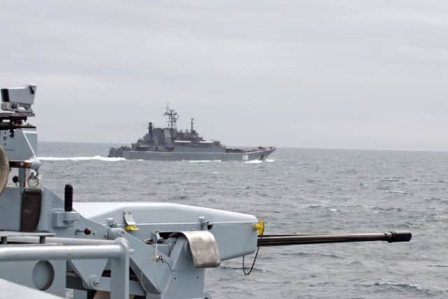 Russian Ropucha-class Landing Ship Tank Alexander Shabalin as seen from HMS Tyne