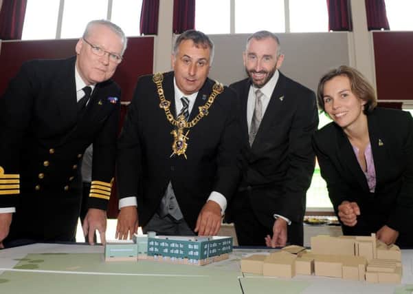 Pictured is: (l-r) Cpt Andy Cree, project lead for UTC Portsmouth, The Lord Mayor of Portsmouth David Fuller, Ciaran O'Dowda, Principal for UTC Portsmouth and Fiona Haynes, project manager for UTC Portsmouth. 

Picture: Sarah Standing (161115-314)
