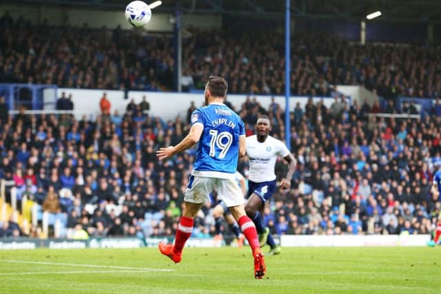 Conor Chaplin sends his looping header into the back of the net Picture: Joe Pepler