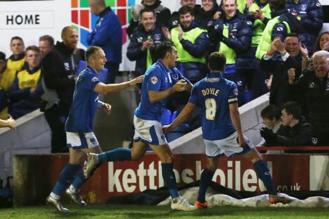 Michael Doyle, right, celebrates scoring against Accrington last season Picture: Joe Pepler