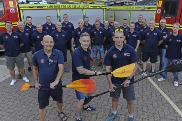 The team of firefighters from the Portsmouth area who used kayaks to retrace the route of the Second World War Cockleshell Heroes team who used the little boats to undertake a mission to attack German shipping in Bordeaux. From left, firefighters Jasper Taylor, Tom Davies, and trainer Tom Burgess.
Picture Ian Hargreaves (161220-1)