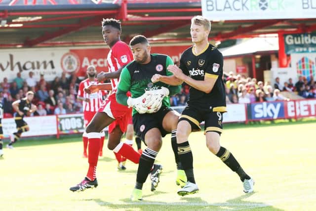 Michael Smith had no joy on a frustrating day for Pompey at Accrington. Picture: Joe Pepler