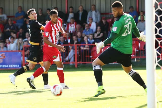 Gary Roberts sees a chance go begging against Accrington at the Crown Ground Picture: Joe Pepler
