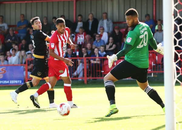 Gary Roberts sees a chance go begging against Accrington at the Crown Ground Picture: Joe Pepler