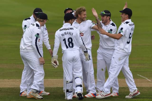 Hampshire celebrate after Keaton Jennings was removed by Gareth Berg on day two. Picture: Neil Marshall