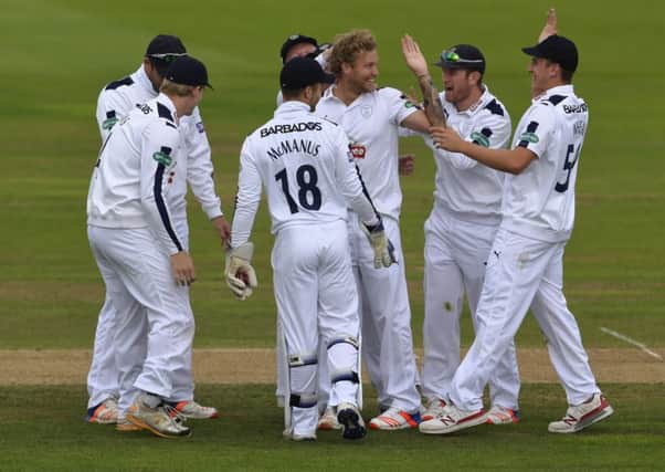 Hampshire celebrate after Keaton Jennings was removed by Gareth Berg on day two. Picture: Neil Marshall