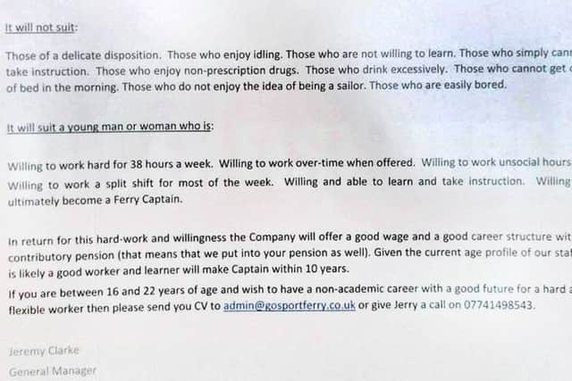 The controversial job advertisment, pictured onboard the Gosport Ferrry in September, 2016