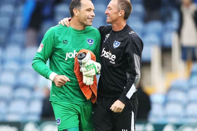 Pompey goalkeeper coach John Keeley, right, with newly-established Blues No1 David Forde Picture: Joe Pepler