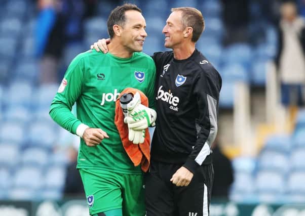 Pompey goalkeeper coach John Keeley, right, with newly-established Blues No1 David Forde Picture: Joe Pepler