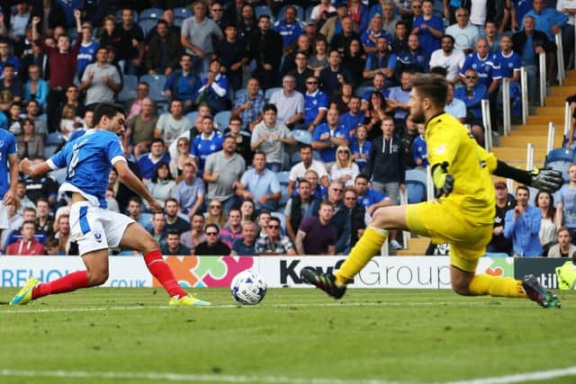 Midfielder Danny Rose scores his first Pompey goal in the Blues' 5-1 win against Barnet Picture: Joe Pepler