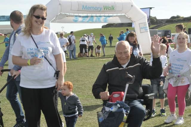 Jane Shepherd and her grandad Bob Ginger, 78, start the Alzheimer's Memory Walk 
Picture: Mick Young (161153-10)