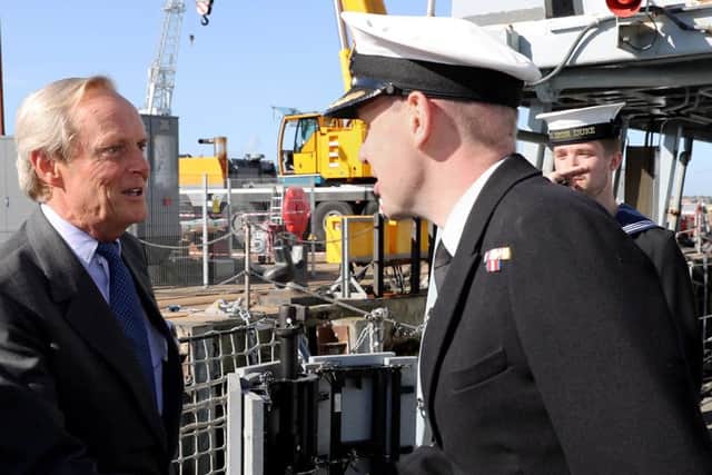 The Duke of Wellington is greeted on the gangway by HMS Iron Dukes commanding officer Cdr Ben Aldous
Picture: LA(Phot) Guy Pool RN/MoD
