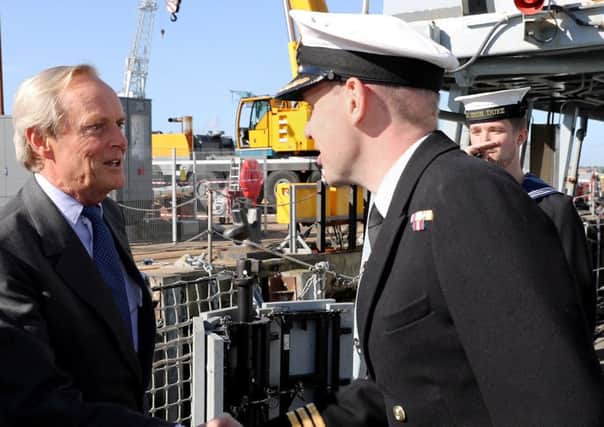 The Duke of Wellington is greeted on the gangway by HMS Iron Dukes commanding officer Cdr Ben Aldous
Picture: LA(Phot) Guy Pool RN/MoD
