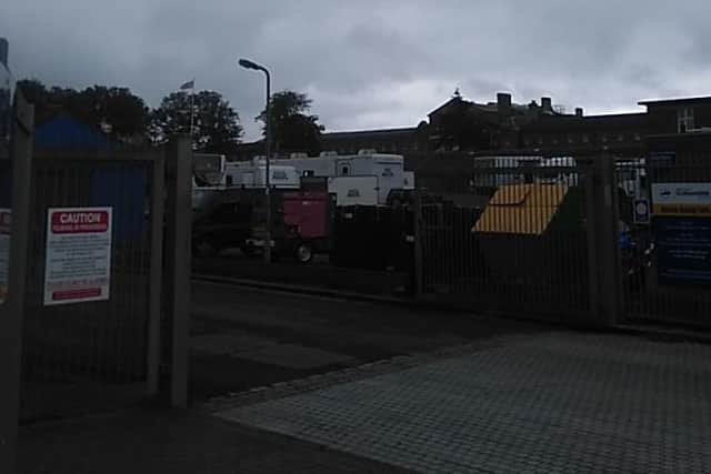 Trailers outside the Royal Navy Submarine Museum in Gosport for the filming of Transformers 5. (Picture courtesy of Christopher Taulbut) PPP-160927-201243001