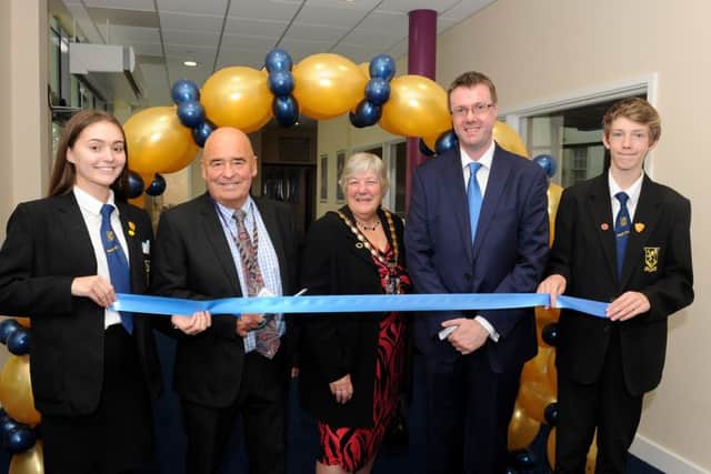 Purbrook Park School officially opened its new school building and field - from left, head girl Libby Higgins, 15, chairman of governors Paul Evelyn, The Mayor of Havant Faith Ponsonby, headteacher Paul Foxley and head boy Louis Wilson, 15 Picture: Sarah Standing (161370-7513)