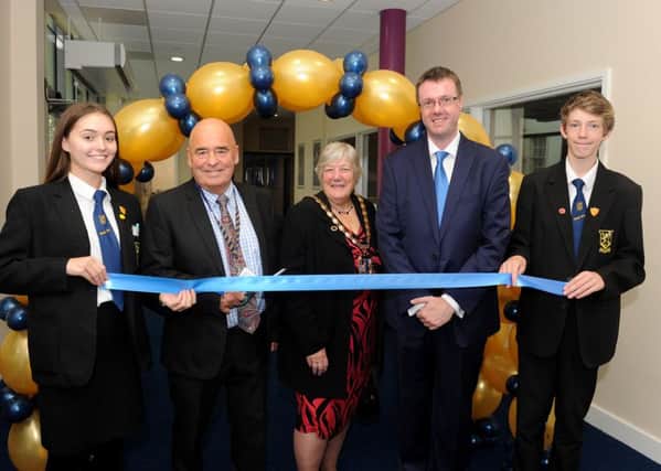 Purbrook Park School officially opened its new school building and field - from left, head girl Libby Higgins, 15, chairman of governors  Paul Evelyn, The Mayor of Havant Faith Ponsonby, headteacher Paul Foxley and head boy Louis Wilson, 15 Picture: Sarah Standing (161370-7513)