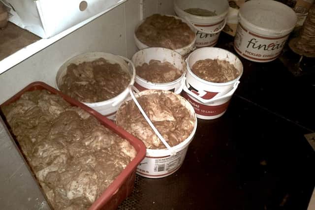 Uncovered chicken in dirty containers in the main chiller at Perfect Pizza in North End