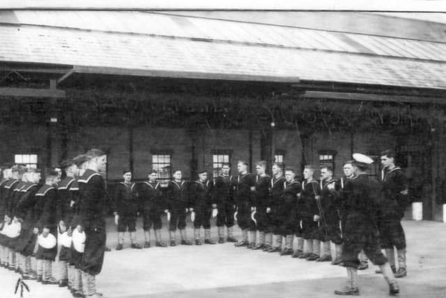 Recruits starting square bashing at HMS St George, Gosport, in 1947. James Spurrier has arrowed himself on the left