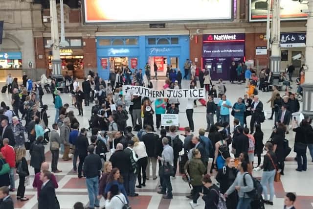 A protest by Southern Rail commuters at London Victoria station.