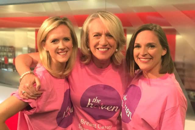: Laura Trant, Sally Taylor and Alina Jenkins from BBC South Today wearing their pink T shirts with pride for Breast Cancer Awareness Month