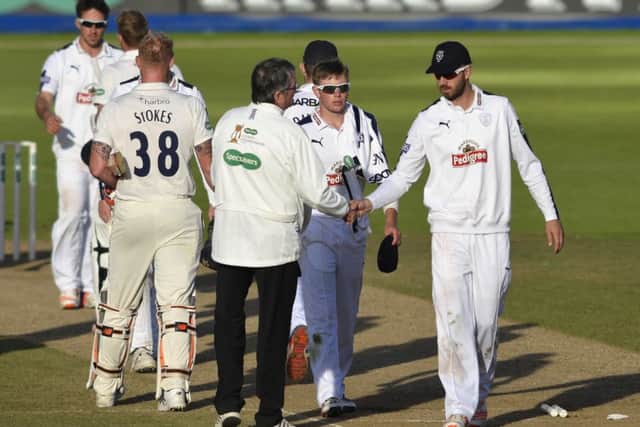 James Vince leads the handshakes at the end of Hanpshire's defeat to Durham on the final day of the season Picture: Neil Marshall