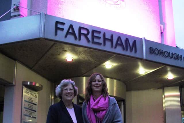Mayor of Fareham Connie Hockley and Marian Parfitt, from Breast Cancer Haven, outside the pink Civic Offices