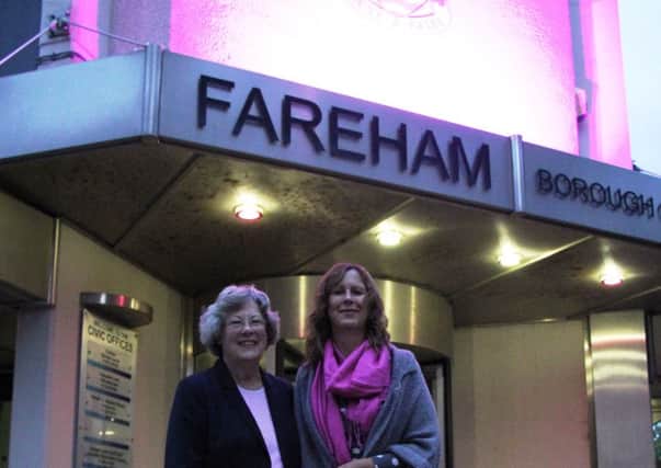Mayor of Fareham Connie Hockley and Marian Parfitt, from Breast Cancer Haven, outside the pink Civic Offices