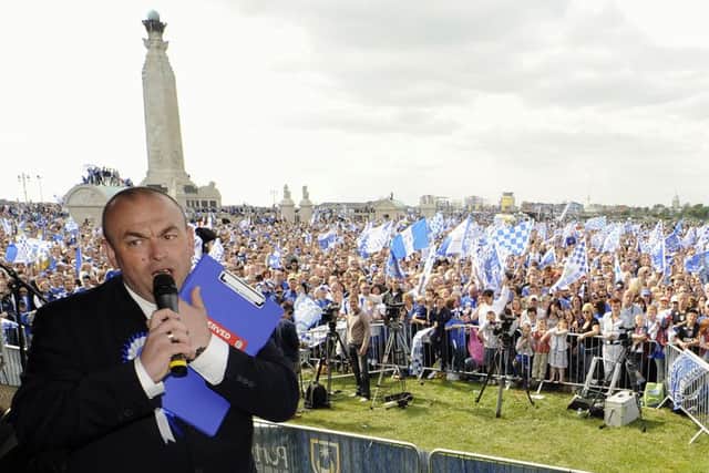 Pompey announcer Steve Pearson entertains the crowds on Southsea Common after the club's 2008 FA Cup win