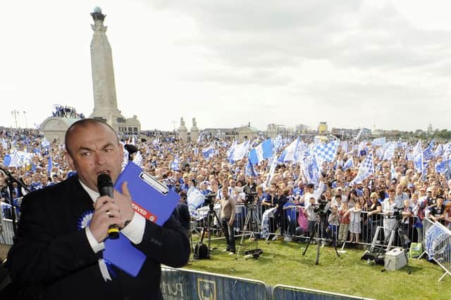 Pompey announcer 
Steve Pearson entertains the crowds on Southsea Common after the club's 2008 FA Cup win