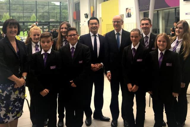 Havant MP Alan Mak with schools minister Nick Gibb and Havant Academy pupils and principal Helen Cassady