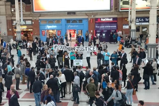 The protest by Southern Rail commuters at London Victoria station.