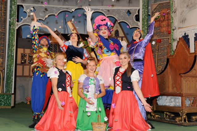 Back from left, Jack Tutt as Muddles the Jester, Victoria Lucie as Snow White, Alex Forman as Nanny Nakeroo and Paula Brett as The Evil Queen with front from left, singers and dancers Megan Bull, Hollie Palmer and Sydney Jennings
Picture: Sarah Standing (161406-4522)