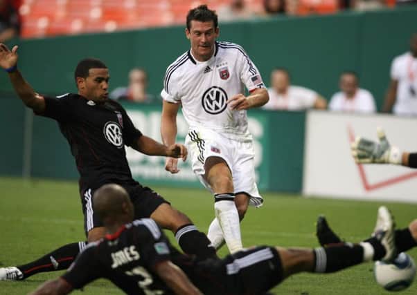 David Nugent in action on tour during the match against DC United in Washington, in 2010. Picture: Joe Pepler
