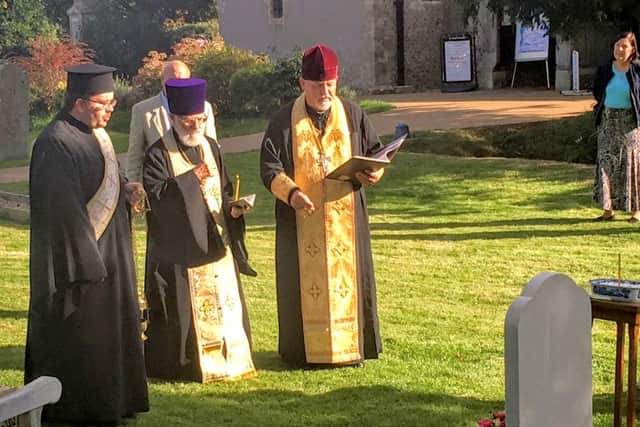 Russian Orthodox service in progress in the churchyard of St Peters Church, Hayling Island for Princess Catherine Yurievsky