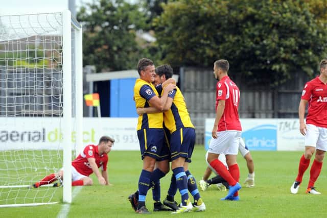 Ben Wright, left, and Brett Poate celebrate during the win against Ebbsfleet. Picture: Malcolm Wells
