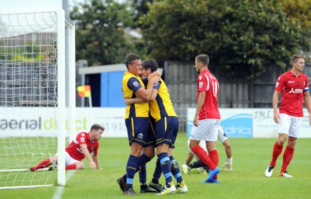 Ben Wright, left, and Brett Poate celebrate during the win against Ebbsfleet. Picture: Malcolm Wells