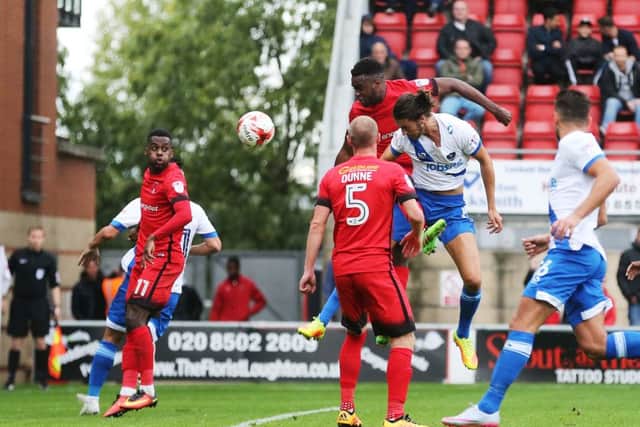 Christian Burgess heads the decisive goal at Leyton Orient from my left-wing corner. Picture: Joe Pepler