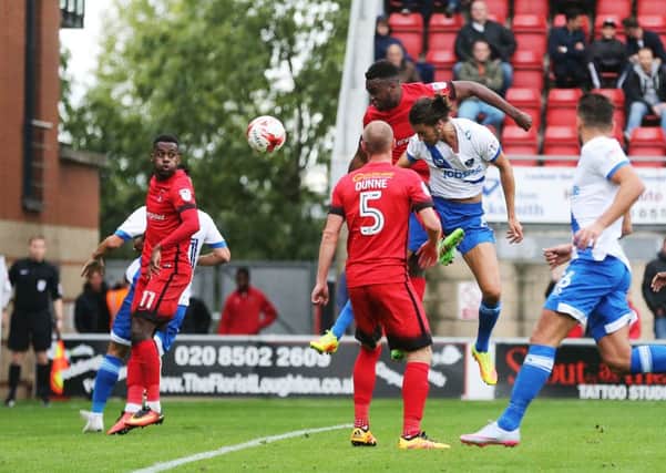 Christian Burgess heads the decisive goal at Leyton Orient from my left-wing corner. Picture: Joe Pepler