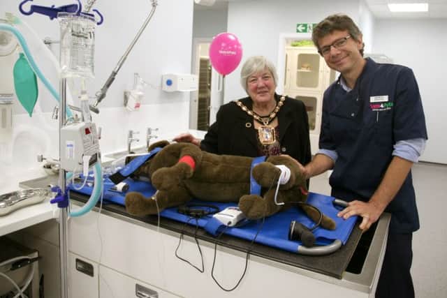 Daniele Saita demonstrates the new operating theatre to Mayor of Havant, councillor Faith Ponsonby at the new Vets4Pets, in Hayling