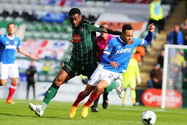 Pompey winger Kyle Bennett netted his first goal of the season today at Home Park    Picture: Joe Pepler