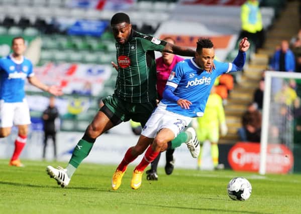 Pompey winger Kyle Bennett netted his first goal of the season today at Home Park    Picture: Joe Pepler