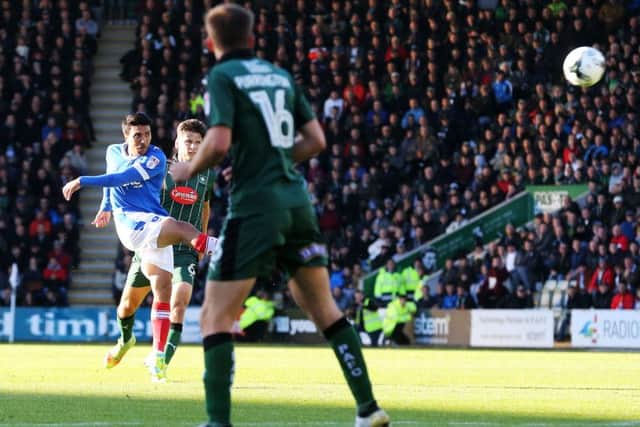 Danny Rose's late strike looked to have won it for Pompey at Plymouth - only for the hosts to level matters at the death Picture: Joe Pepler