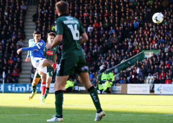 Danny Rose's late strike looked to have won it for Pompey at Plymouth - only for the hosts to level matters at the death   Picture: Joe Pepler