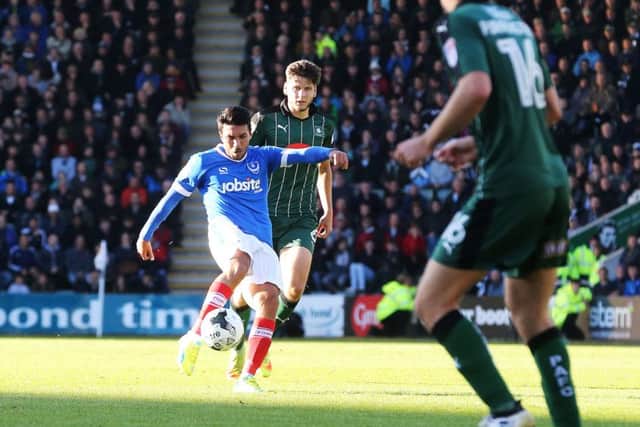 Danny Rose lets fly to score a spectular goal for Pompey at Plymouth. Picture: Joe Pepler