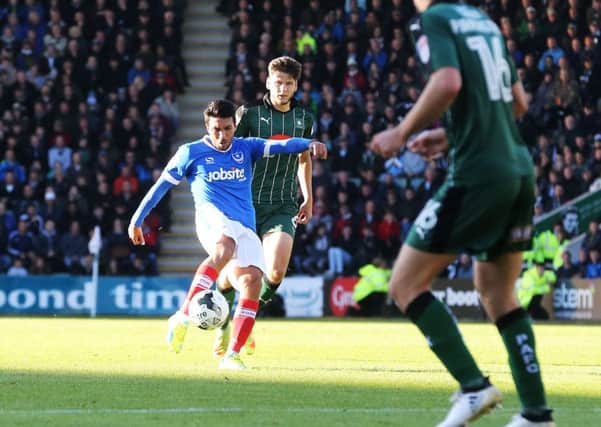 Danny Rose lets fly to score a spectular goal for Pompey at Plymouth. Picture: Joe Pepler