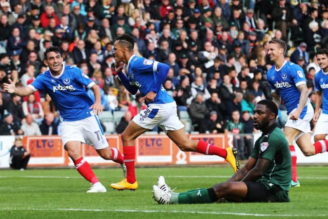 Kyle Bennett celebrates scoring in the Saturdays 2-2 draw at Home Park Picture: Joe Pepler